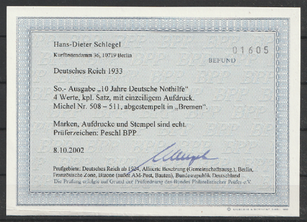 Michel Nr. 508 - 511, Deutsche Nothilfe gestempelt und geprüft BPP.
